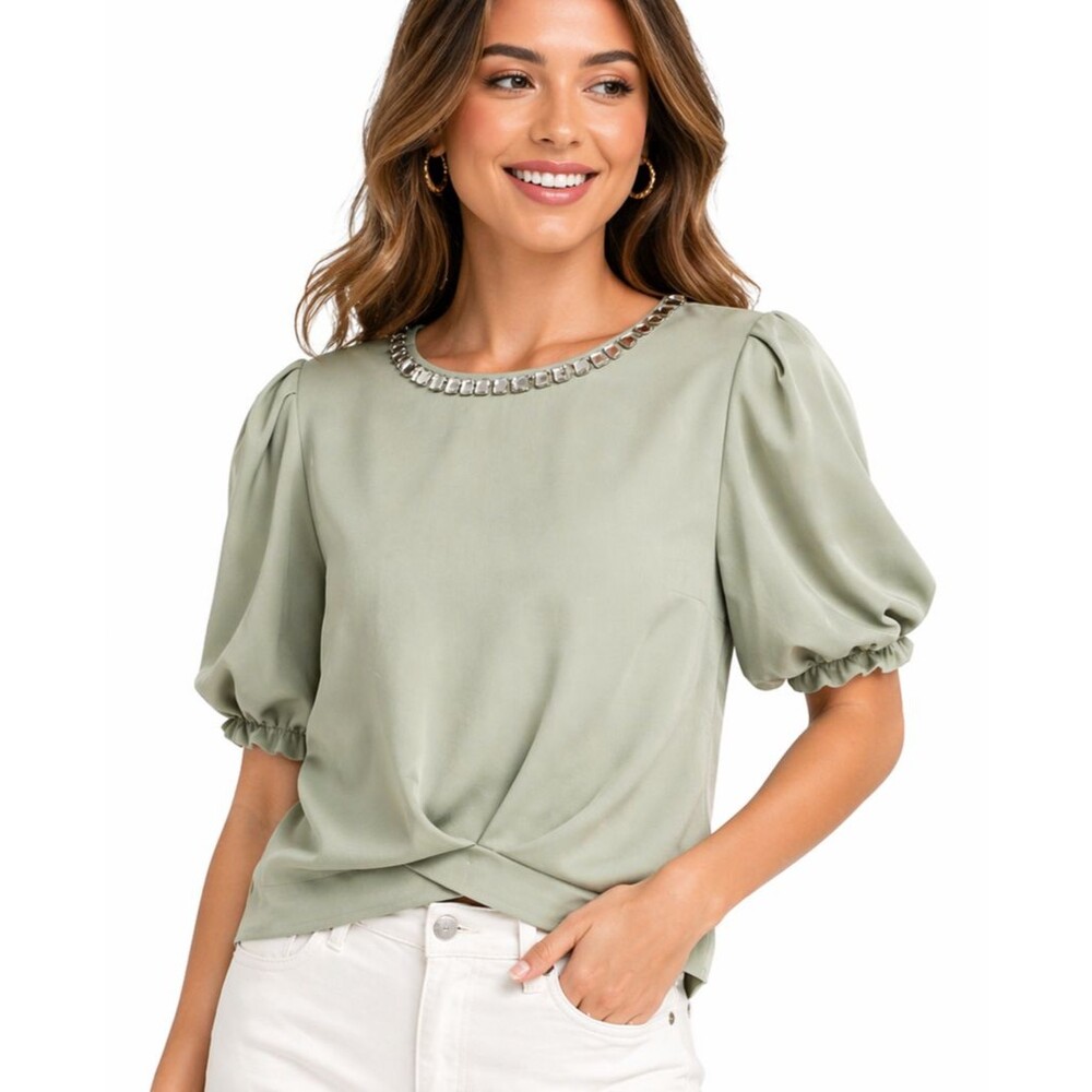 Cupio Blush Sage Top Beaded Neck Puff Sleeve Blouse Vintage 1977 Tag Photo